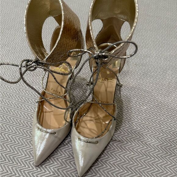 Christian Louboutin Cord Ankle  100mm Gold Lace-Up Heels Size 7.5 - Picture 6 of 15